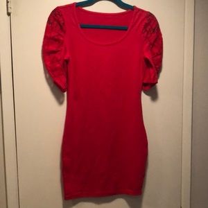 🆕❤️gorgeous Sexy Red! Body-con knit dress! lace sleeves! Stretch Jersey Knit! M